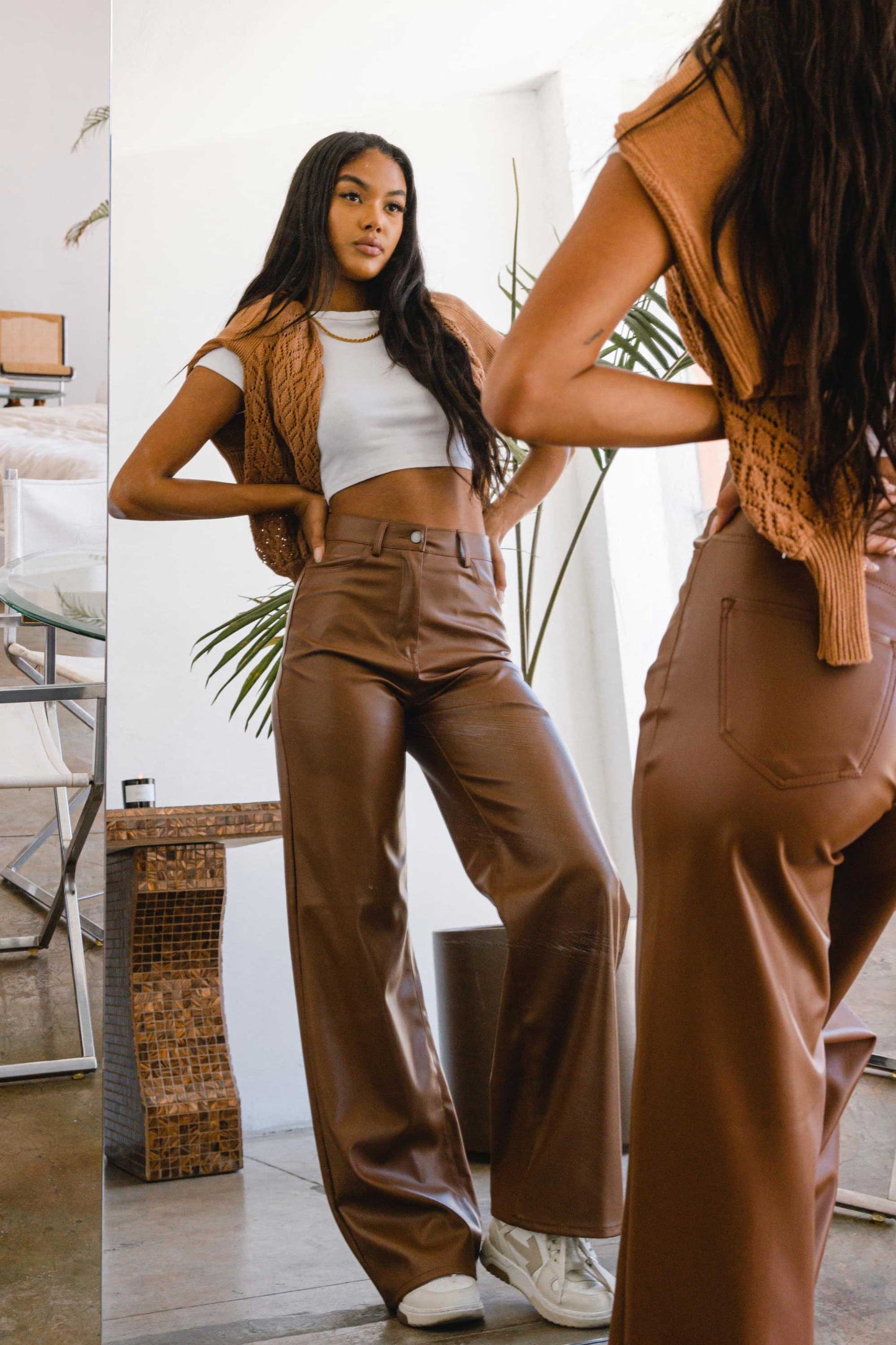 Vegan leather straight leg pants in brown