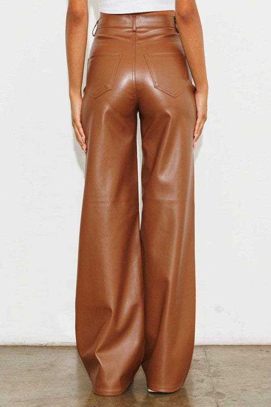 Vegan leather straight leg pants in brown