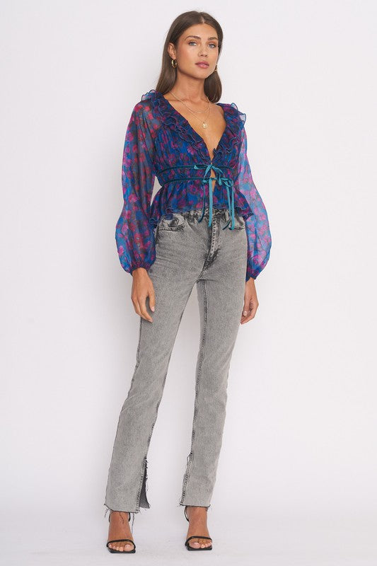 Blair deep floral tie front top