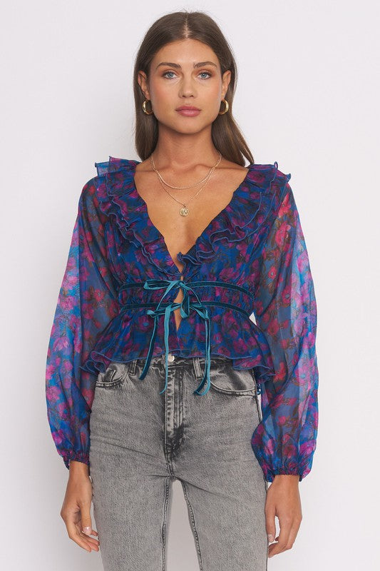 Blair deep floral tie front top