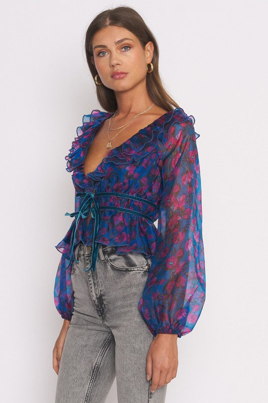 Blair deep floral tie front top