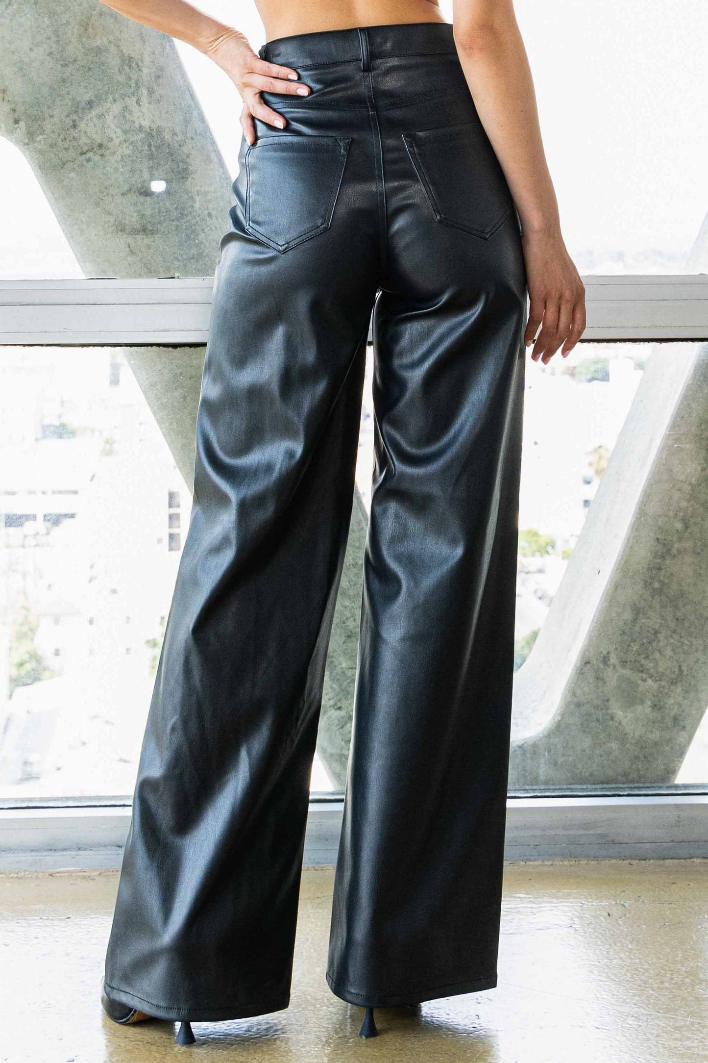 Vegan leather straight leg pants in black