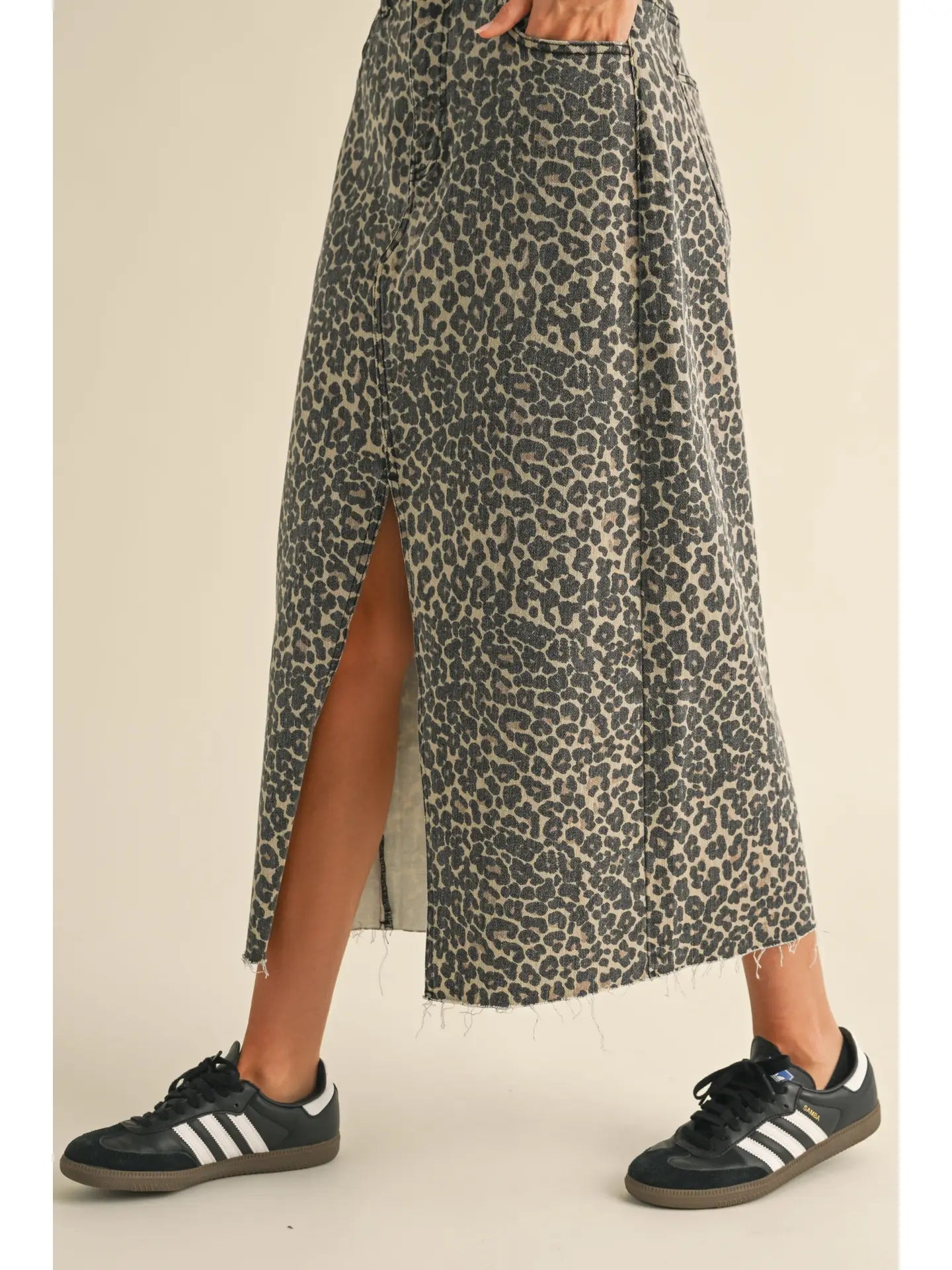leopard print denim midi skirt
