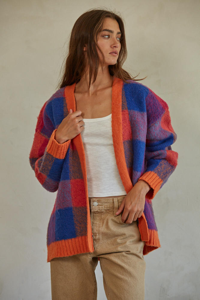 Remy gingham open front cardigan in sunset