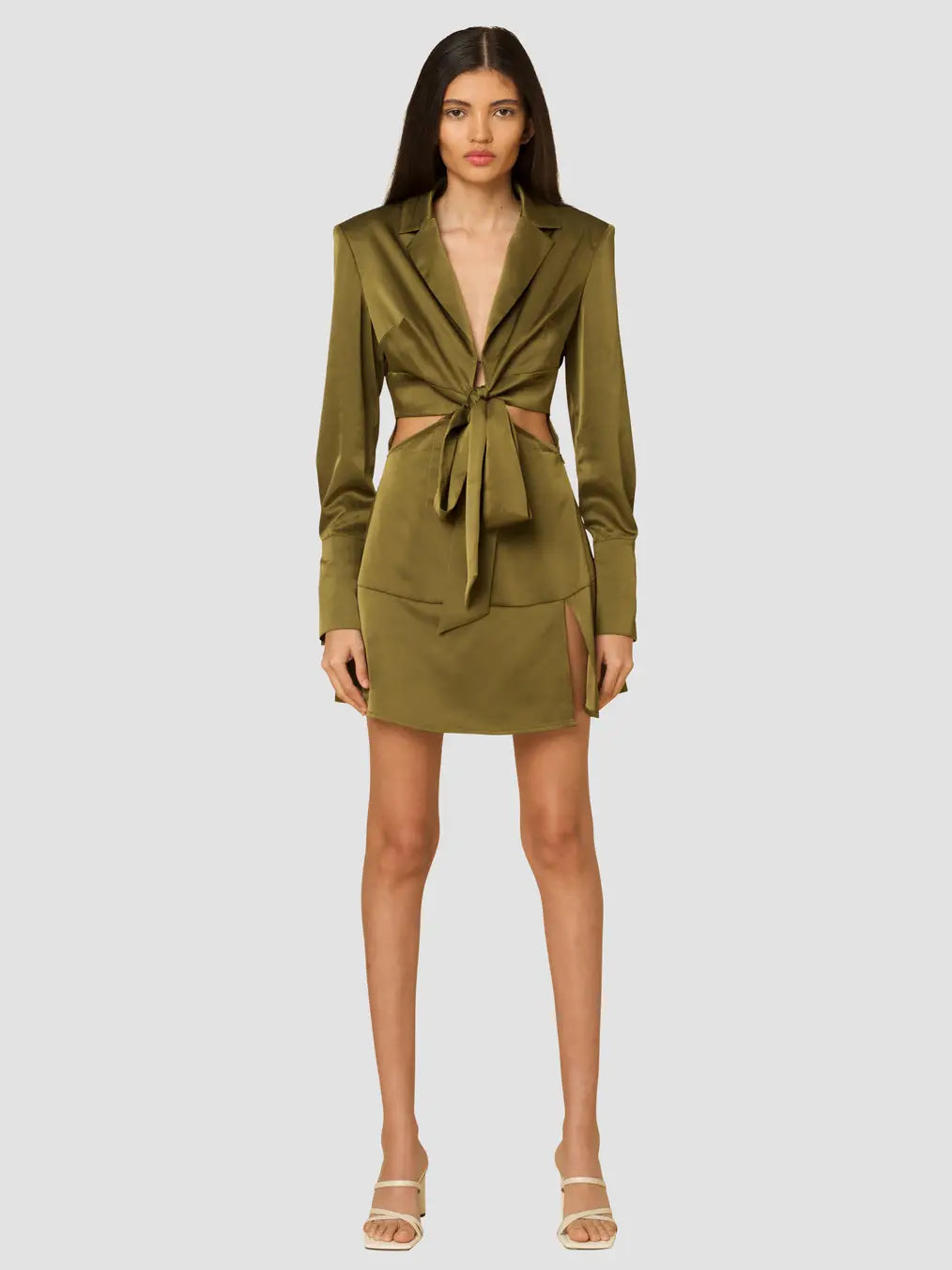 Olive heavy satin mini dress featuring cut out waist design, front button and tie closure and shoulder pads, perfect for a sexy night out.