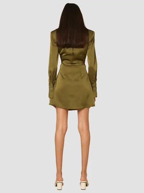 Olive heavy silk mini dress featuring cut out waist design, front button and tie closure and shoulder pads, perfect for a sexy night out.