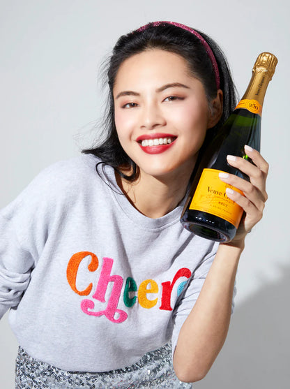 cheers sweatshirt, gray holiday crewneck sweatshirt, gray crewneck colorful cheers letters