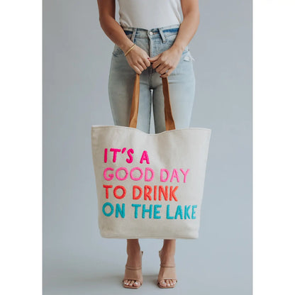 drink on the lake tote - cream