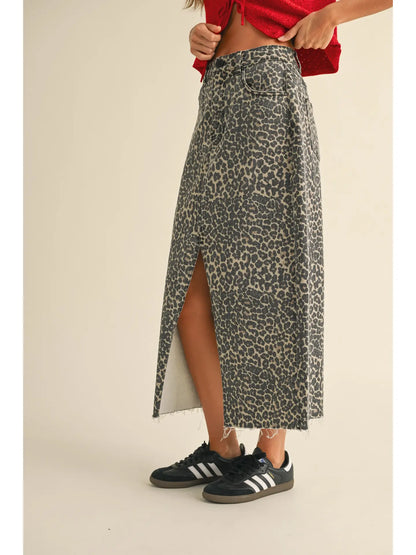 leopard print denim midi skirt