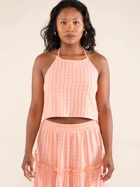 gingham halter crop top in peach