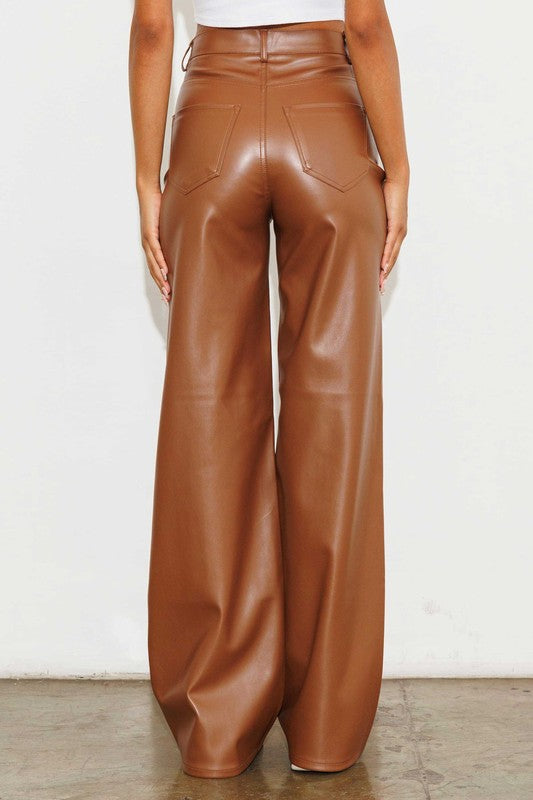 vegan leather straight leg pants in brown