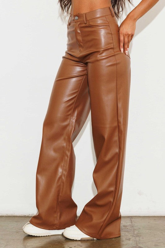 vegan leather straight leg pants in brown