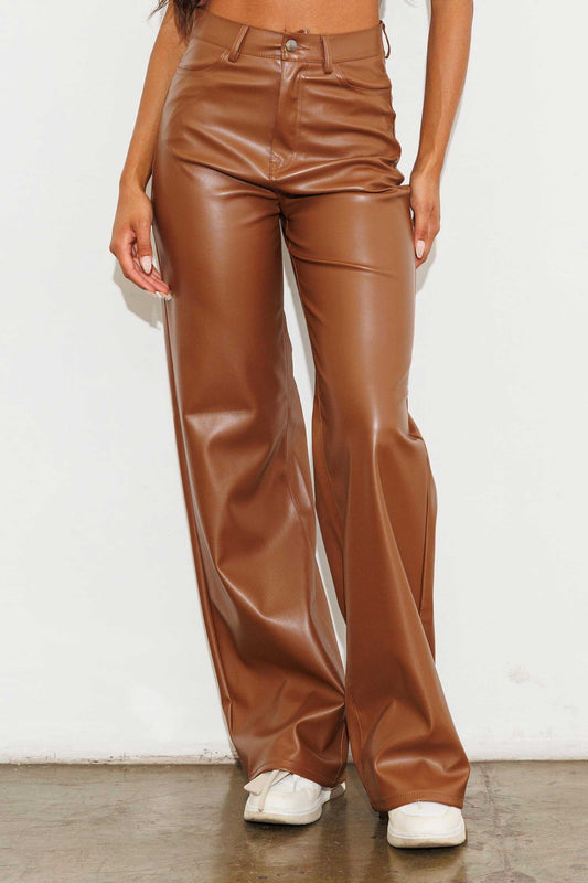 Vegan leather straight leg pants in brown
