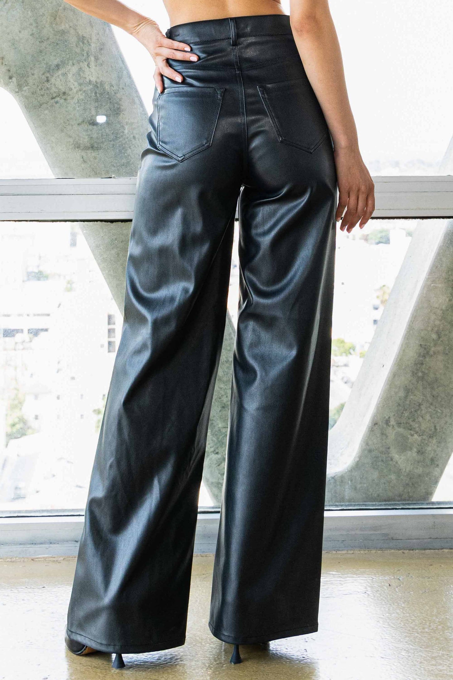vegan leather straight leg pants in black