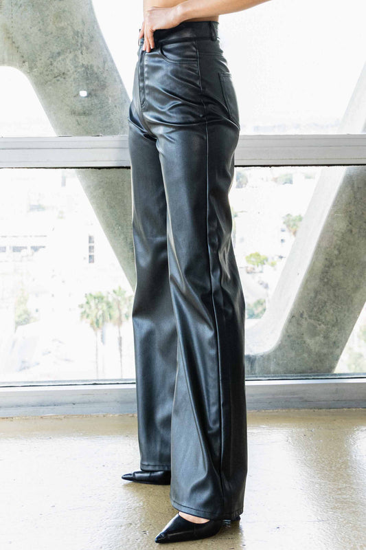 Vegan leather straight leg pants in black