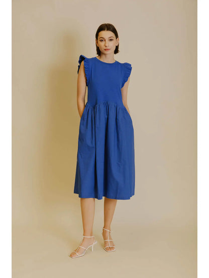 Royal blue midi dress with ruffle sleeves, high neck, and shirred waist Modest midi dress in non-stretch cotton poplin Pullover dress with curved waistline and side seam pockets