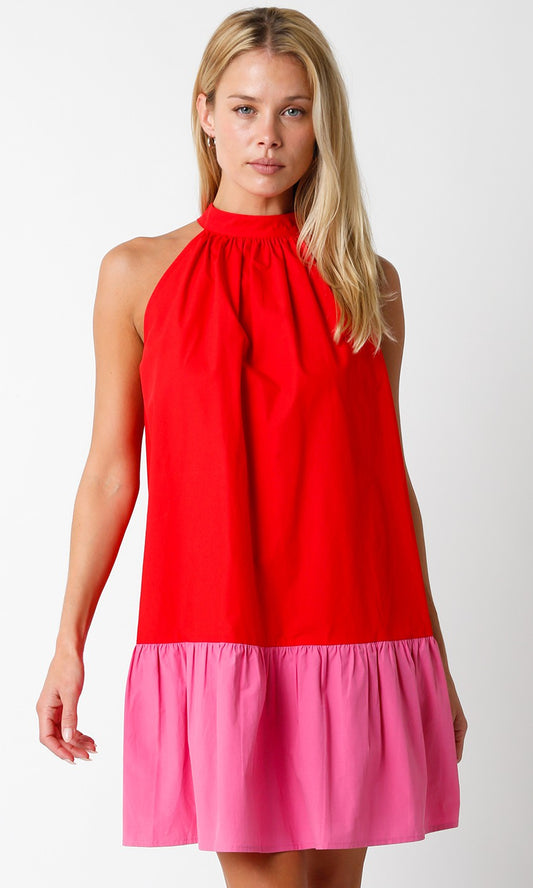 Bright true red and pink color block halter mini dress for wedding guest or cocktail party.