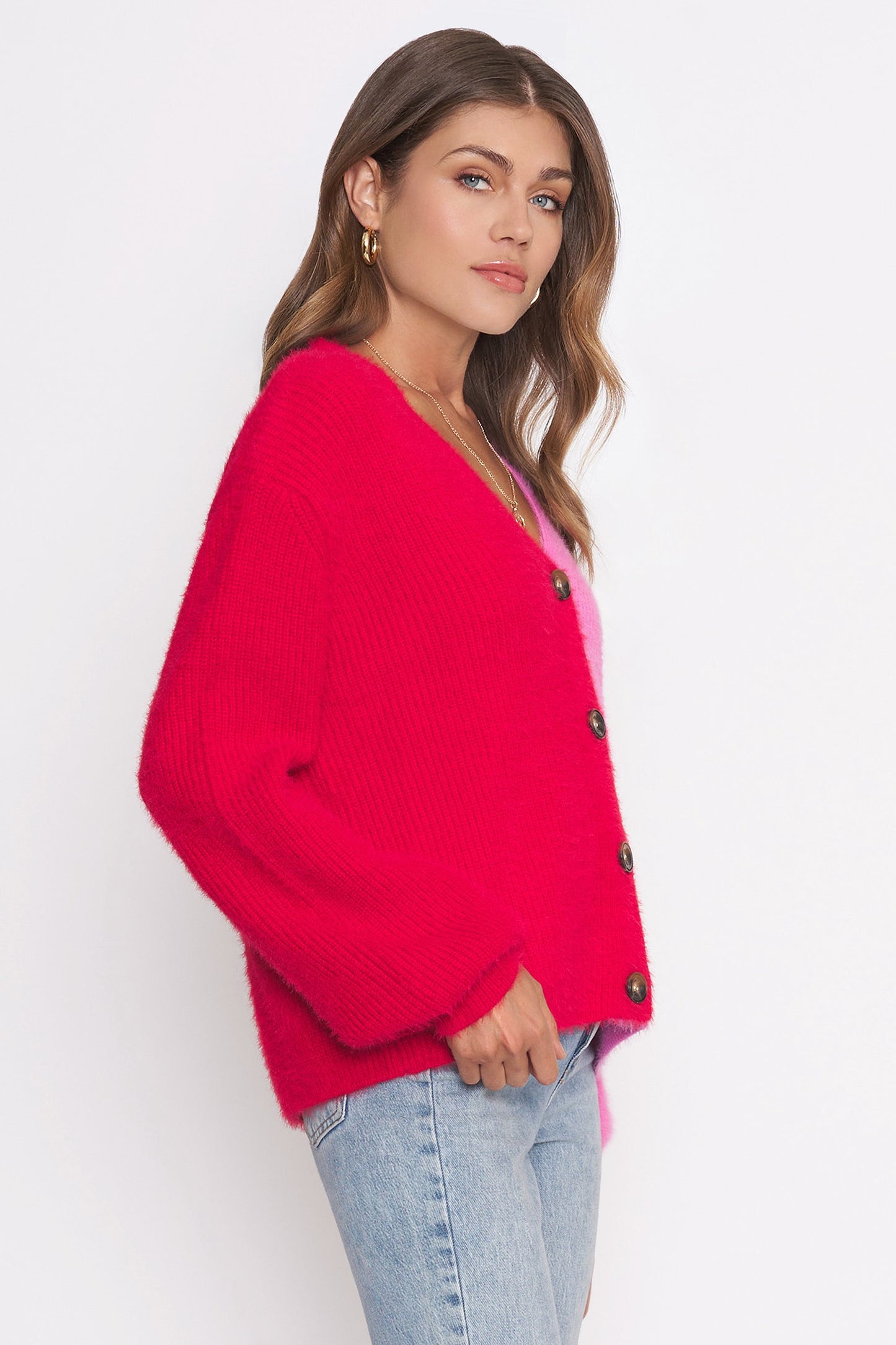 elle chunky cardigan - pink and red