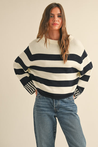 fall 2024 sweaters, black and white striped casual sweater, boxy loose fit sweater, easy outfit ideas