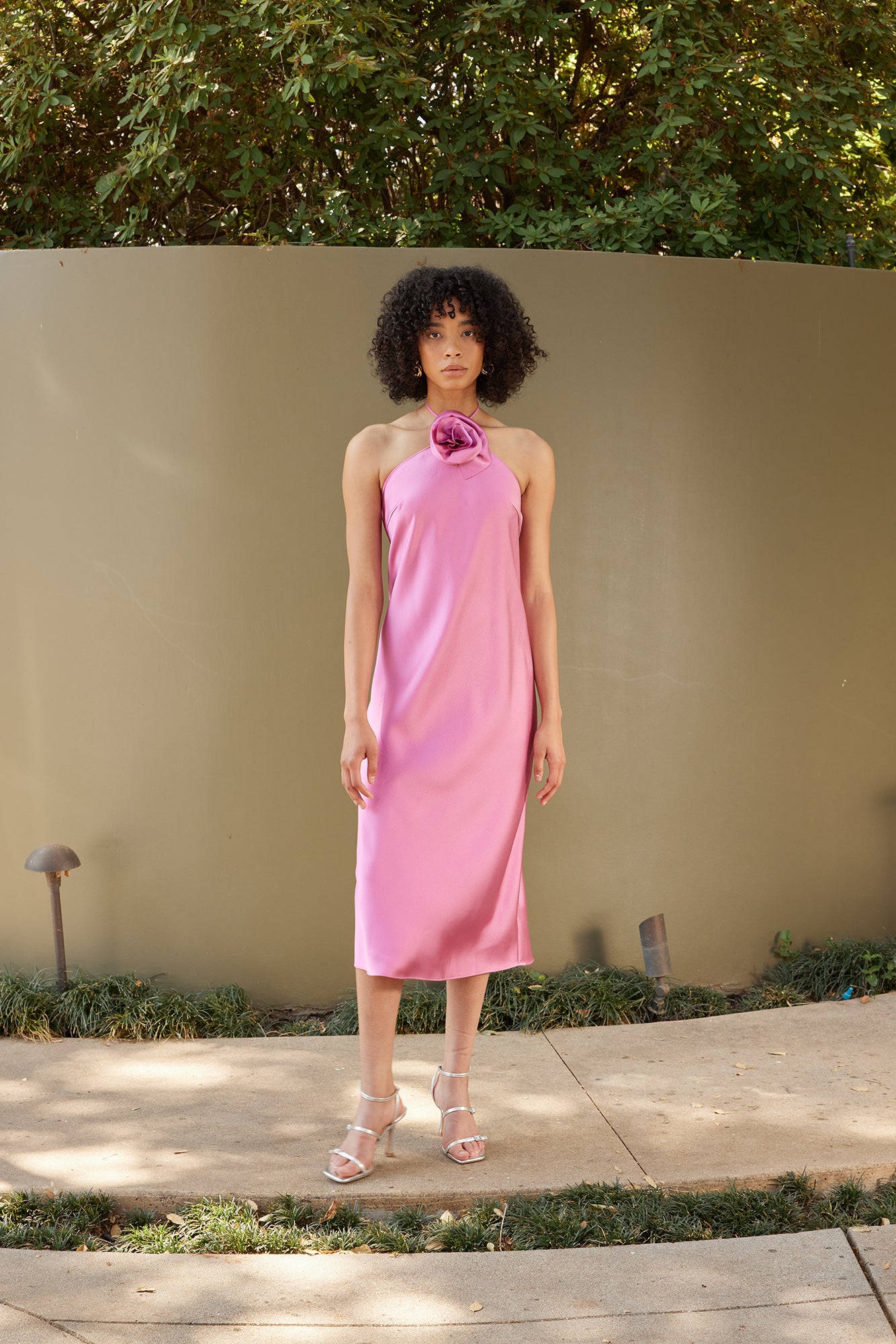 halter dress, floral detailing, pink dress, spring dress, midi dress