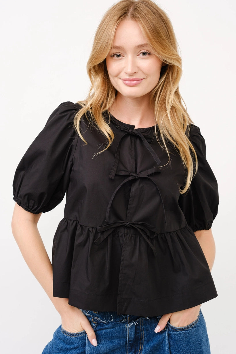 vess tie front puff sleeve blouse - black