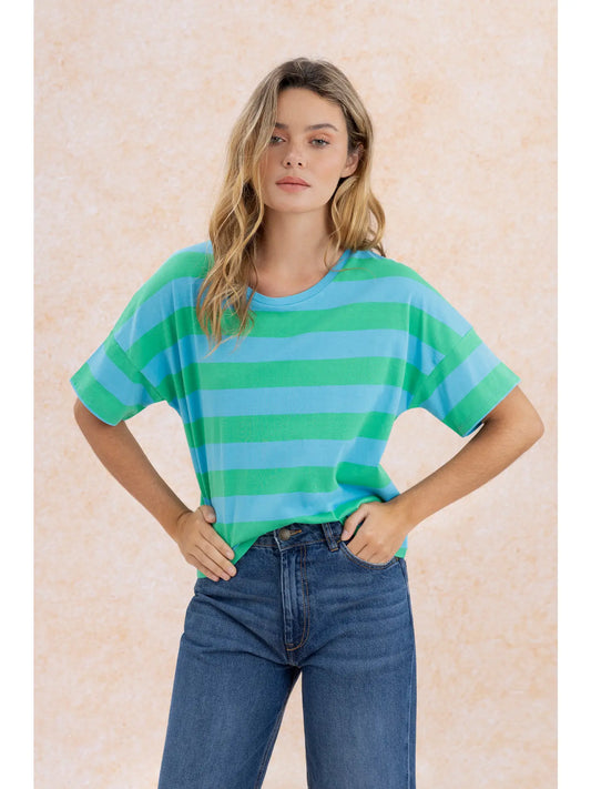 thick stripe t shirt top with green and blue striped shirt