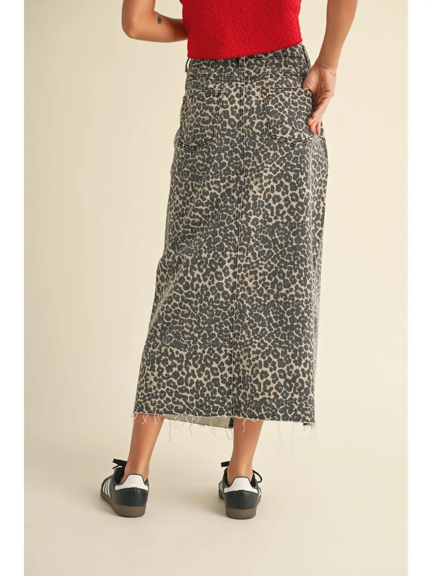 leopard print denim midi skirt