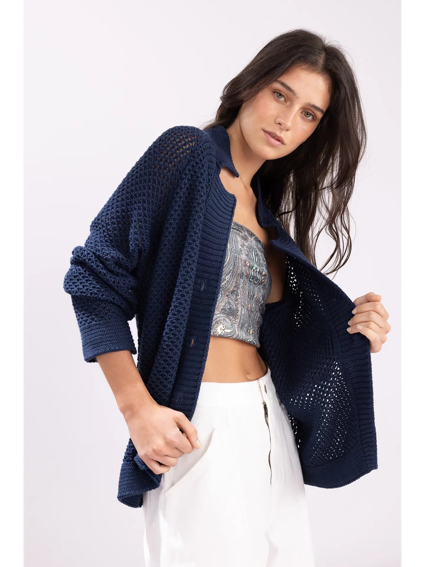 navy knit button up cardigan