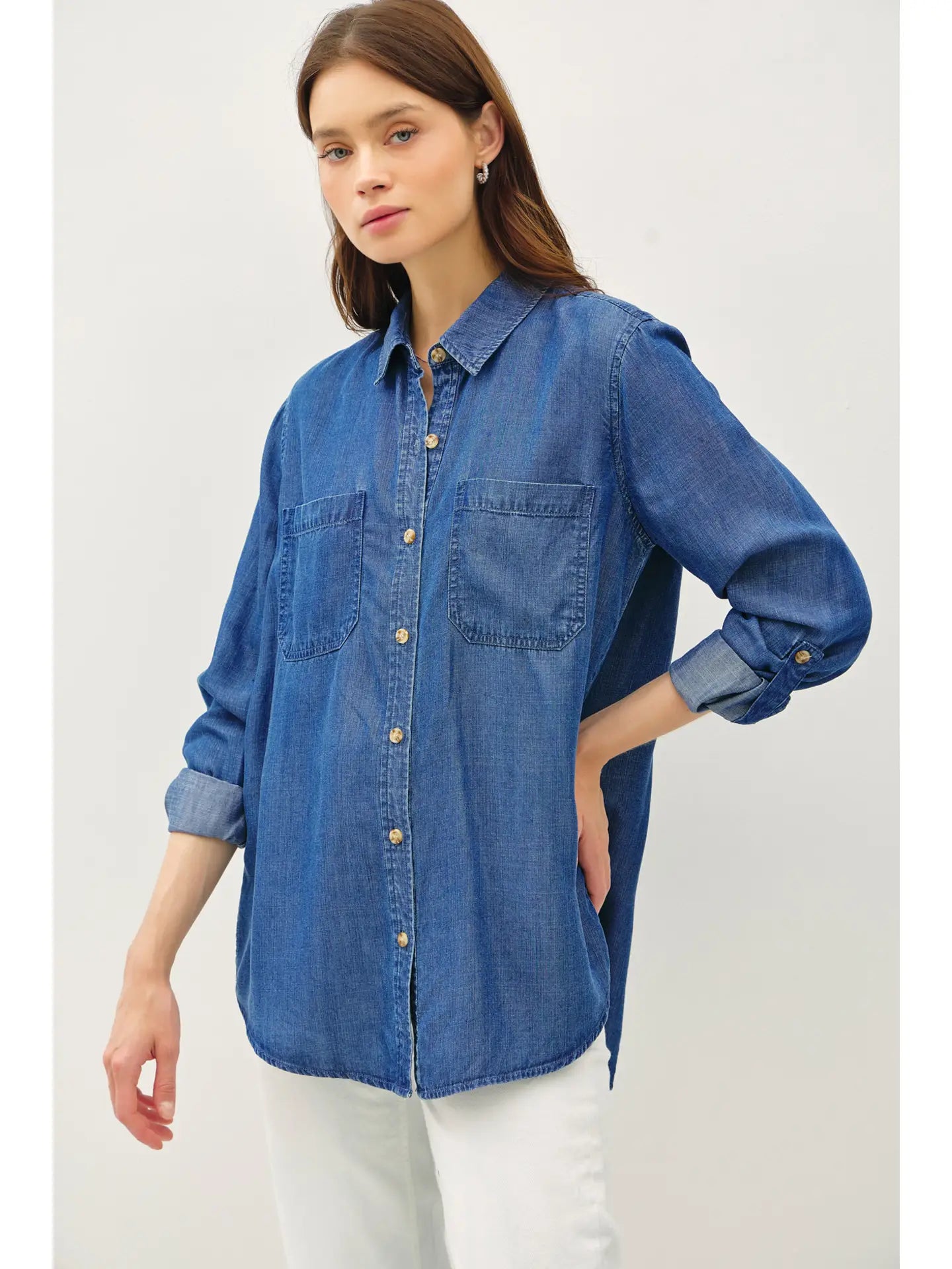 dark denim button up, jean button down shirt, preppy denim shirt, denim layering long sleeve top