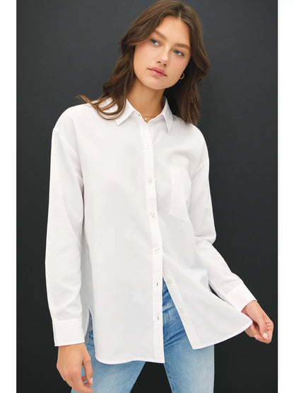 oversized white button up top, collared button down top, layering button up shirt