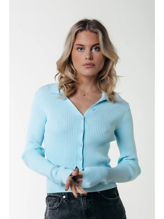 nora ribbed polo cardigan in icy blue