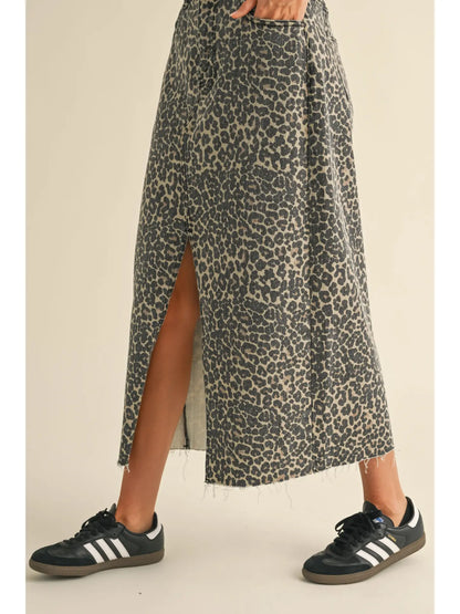 leopard print denim midi skirt