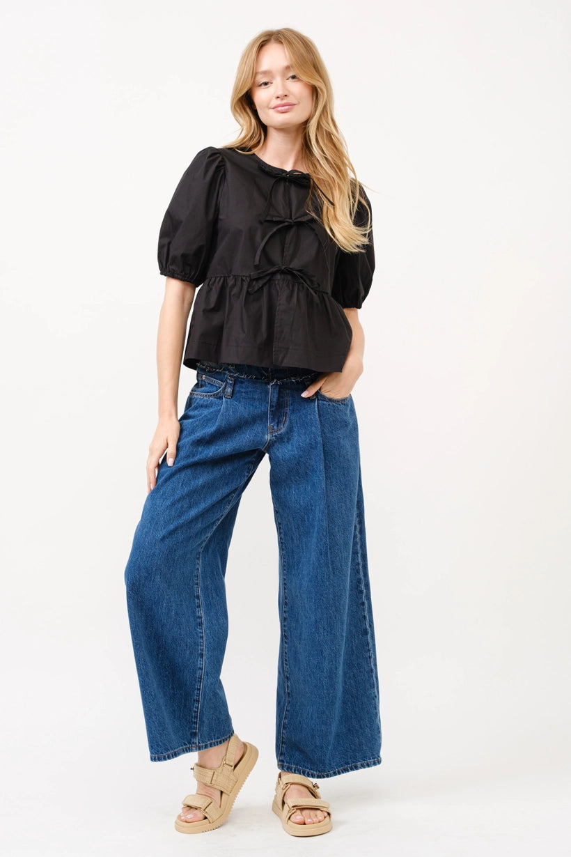 vess tie front puff sleeve blouse - black