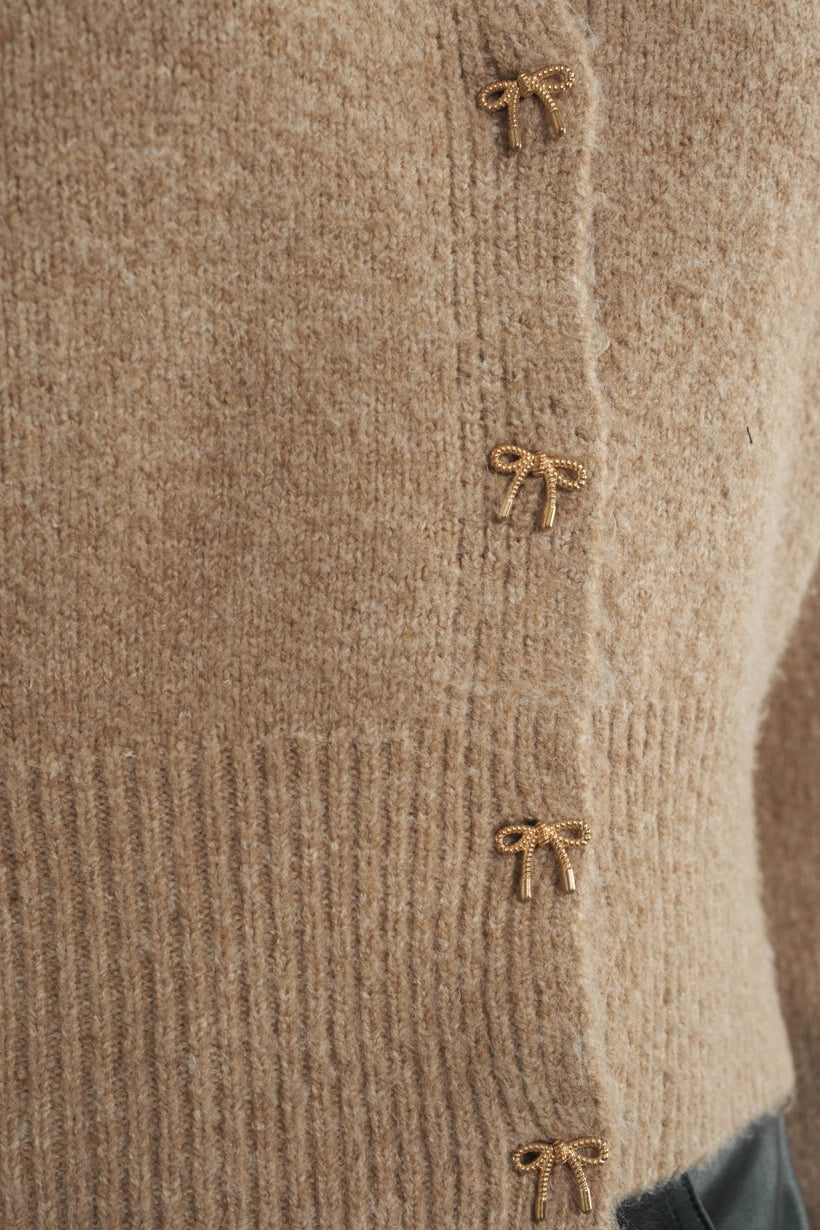 gold bow button cozy sweater - camel