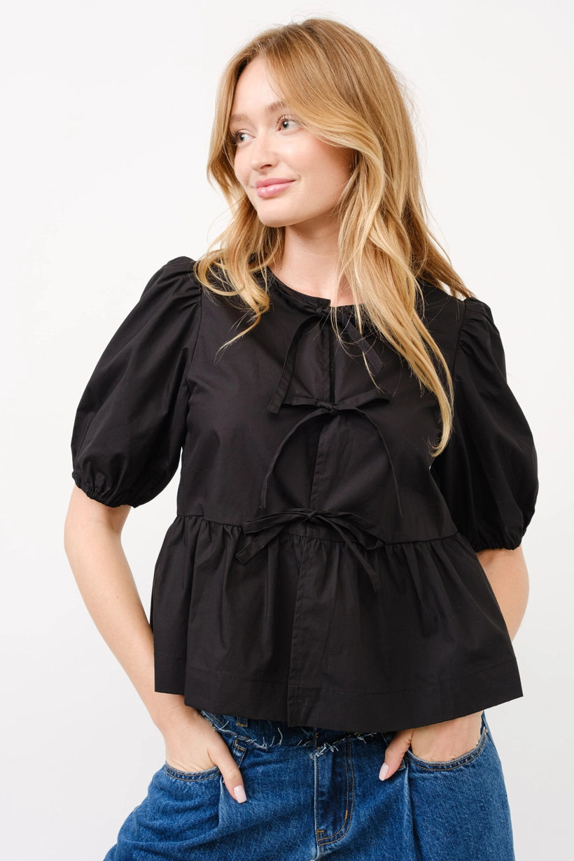 vess tie front puff sleeve blouse - black