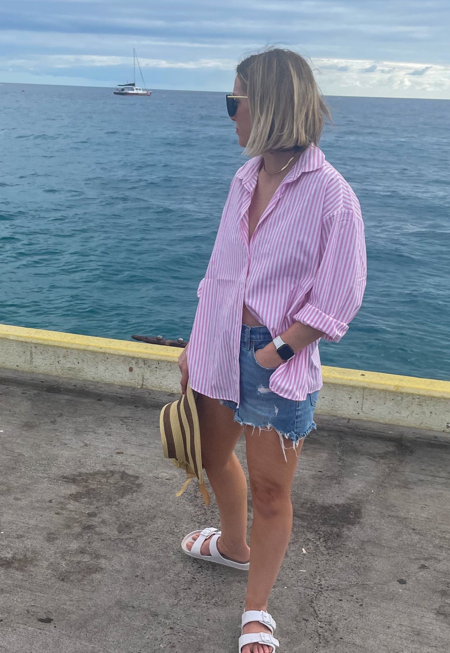 Jade oversized button down shirt - pink and white