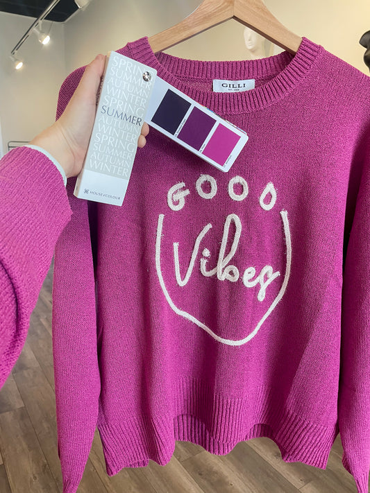 good vibes lightweight crewneck sweater berry pink 