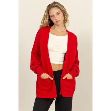 open front long cardigan - true red