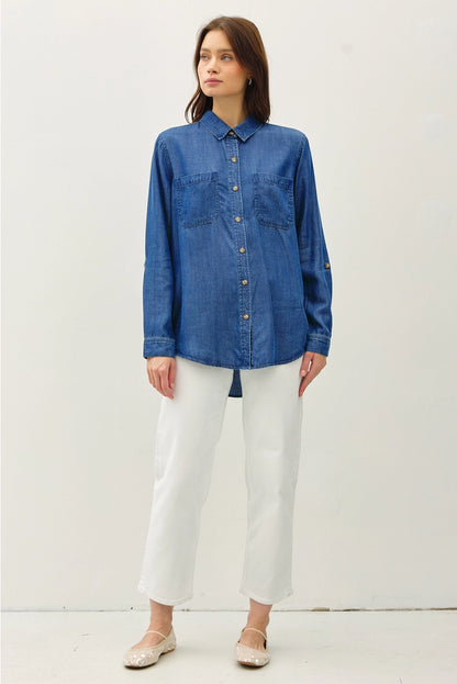 evita dark denim button up