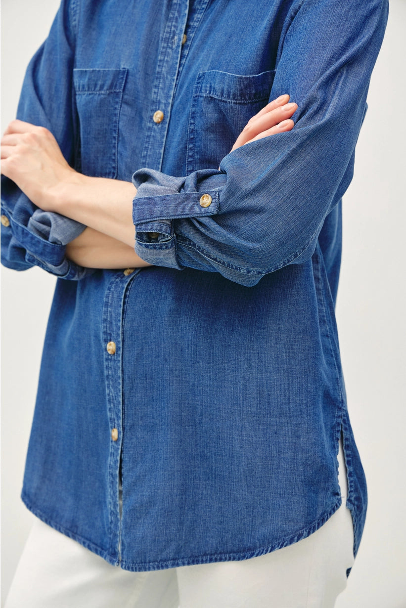 evita dark denim button up