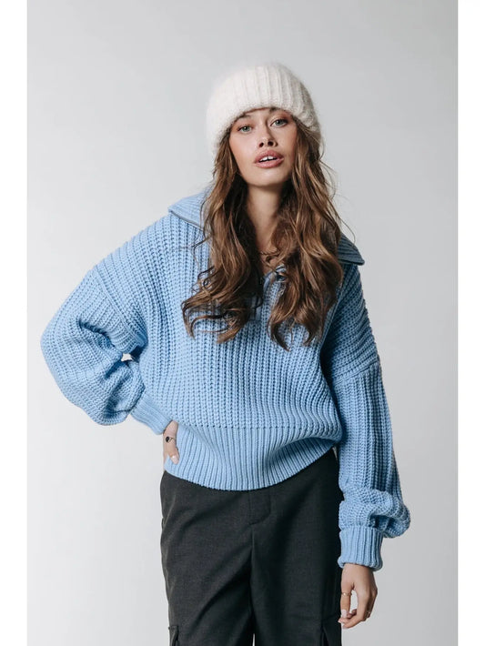 thick knit zip pullover - sky blue