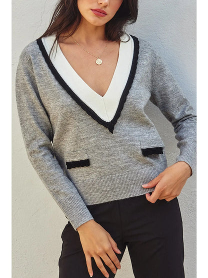 preppy v neck grey sweater, contrast black and white v neck, classic sweater  