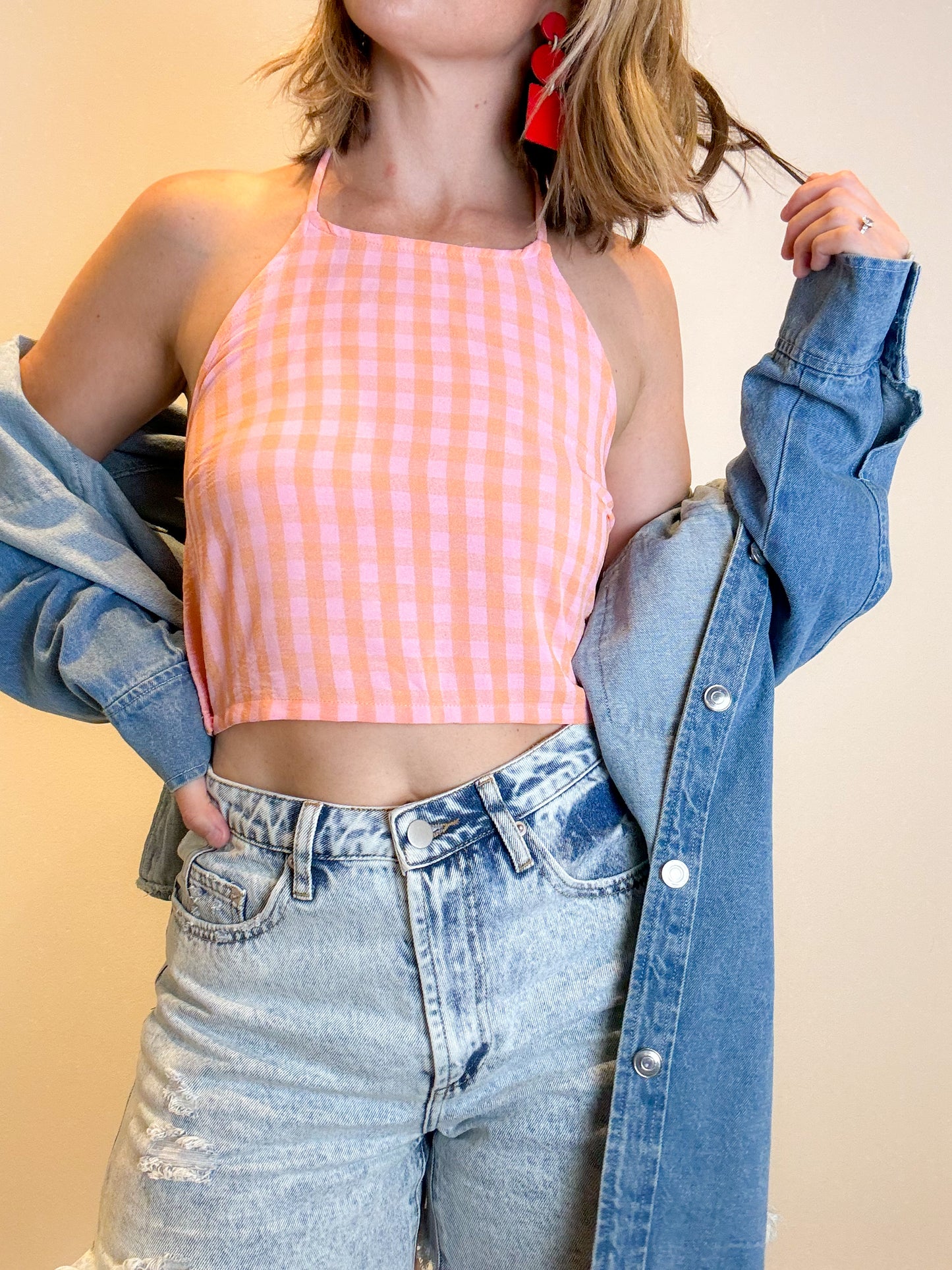 gingham halter crop top in peach