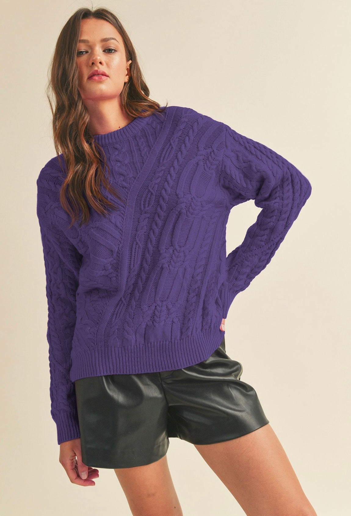 Cable knit crew in deep purple