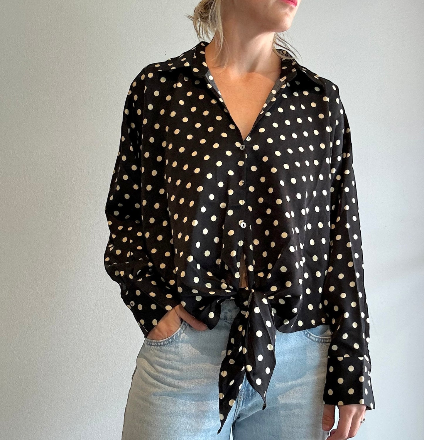 polka dot button down top