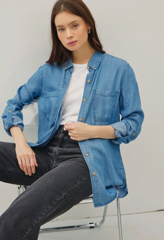 evita dark denim button up