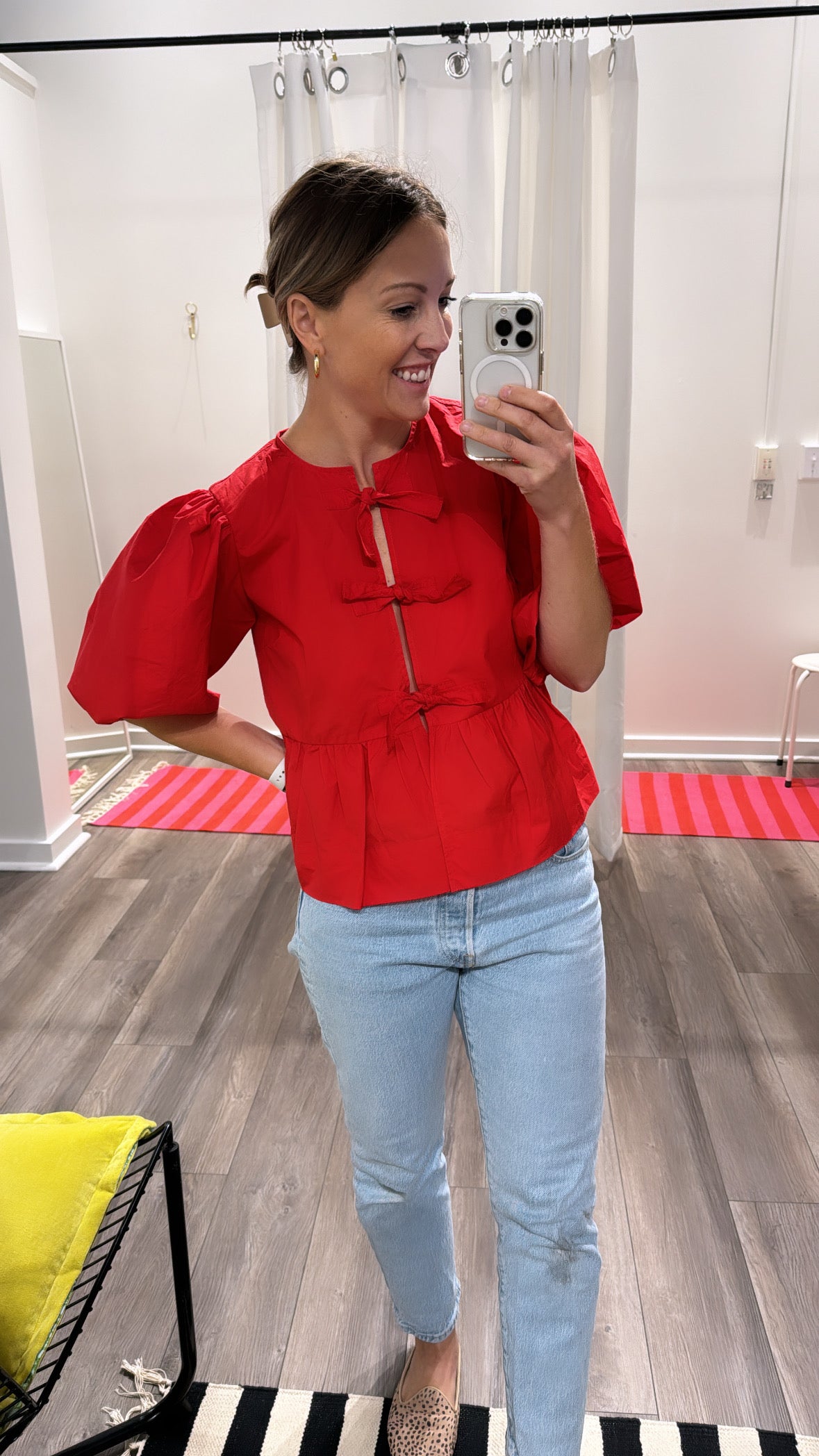 Three front tie puff sleeve peplum blouse top in true bright red.
