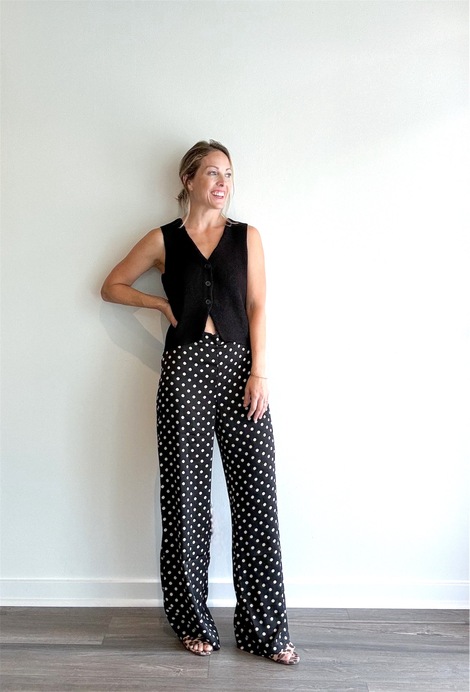 polka dot pants, work pants, black and white trousers, elastic waist trousers