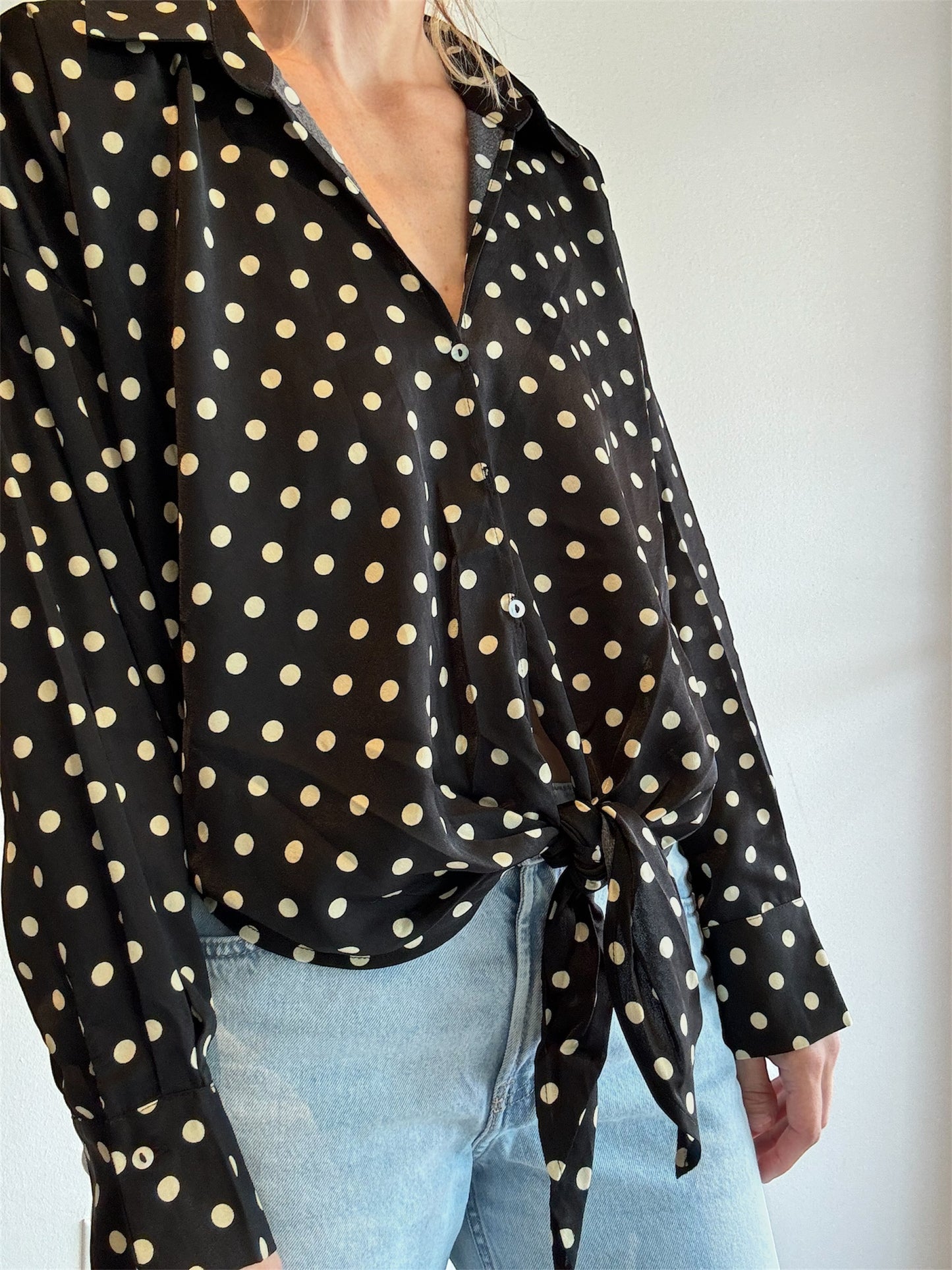 polka dot button up blouse top, front tie blouse, modern work style