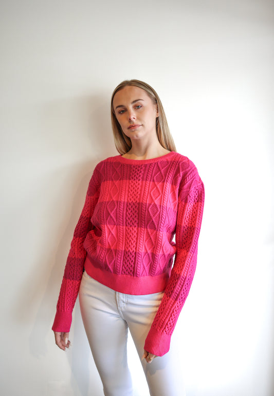 cable knit crewneck, hot pink sweater, magenta sweater, striped sweater, super soft sweater, cozy sweater, stylish sweater, Bailey crewneck.